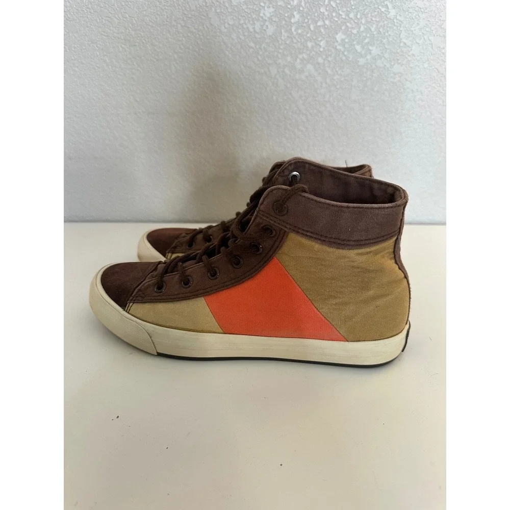 Shan Bu Womens Brown Orange Colorblock Canvas Suede High Top Sneakers Size 9.5